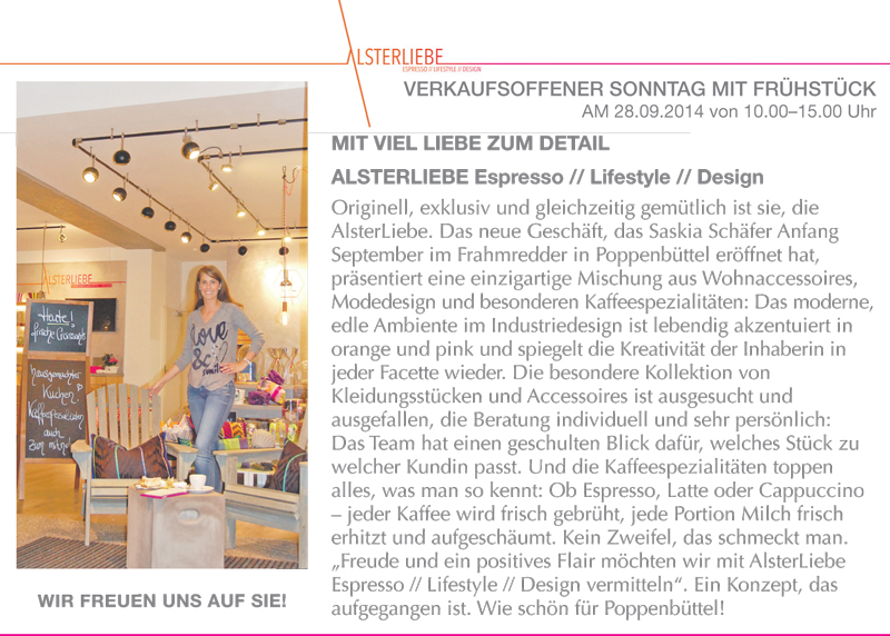 HEIMAT ECHO - Wochenzeitung für Hamburgs Nordosten berichtet über ALSTERLIEBE - Concept Store - verkaufsoffener Sonntag am 28. September 2014